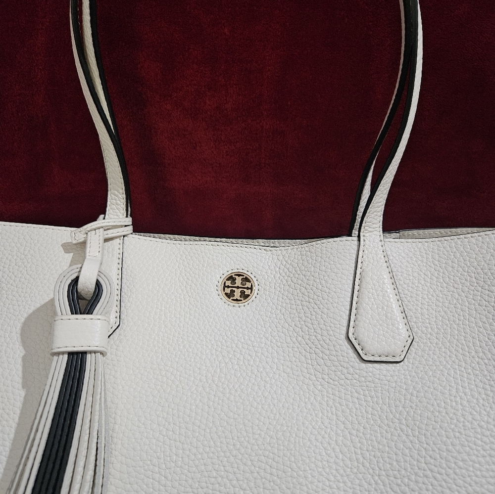 Tory Burch Perry Two-Tone Black and White Large Leather Tote with Tassel - Picture 3 of 16
